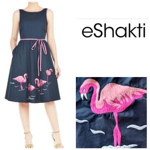 eShakti Navy Blue Fit & Flare Dress Embroidered Flamingos